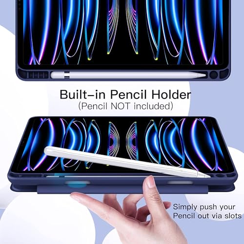 Image of TGK Rotating Case for iPad Pro 12.9 inch (2022 /2021 /2020 /2018, 6th /5th /4th /3rd Gen) with Pencil Holder 360 Degree Rotation Protective Trifold Stand Cover Clear Back (Dark Blue)