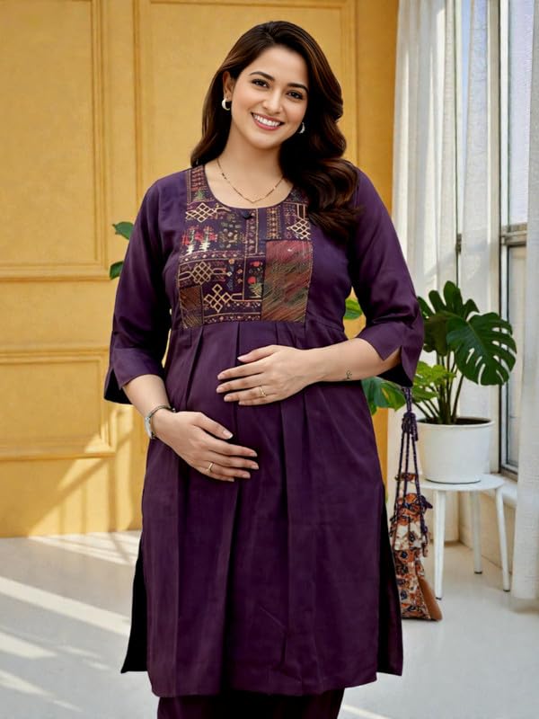Image of RITIJYA Pure Cotton Feeding Kurta Pant Set for Women | Floral Anarkali Pregnancy Dress with Concealed Nursing Zipper Side Pocket | Pre & Post Partum | Maternity Dresses | Baby Shower Outfit