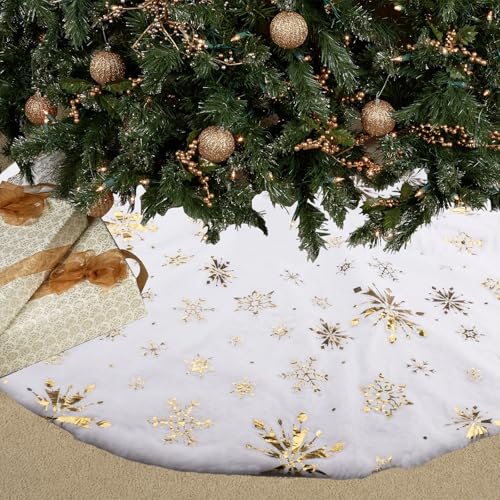 Velicber Falda de Árbol de Navidad 90cm Manta de árbol de Navidad Blanco Alfombra Árbols de Navidads de Felpa con Oro Lentejuelas de Copo de Nieve para Decoración, Fiestas de Navidod y Año Nuevo