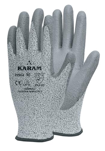 Image of Karam HS62 PU Palm Coated 13 Gauge HPPE Safety Gloves | Cut Resistance with Comfort & Dexterity | Work Gloves with Elasticated Knit Wrist | Size-M | Pack of 2
