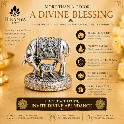 Image of 999 Pure Silver Plated Kamdhenu Cow with Calf Idol | Attracts Prosperity | Vastu Gift Wedding Diwali Housewarming | Certificate of Authenticity | Luxury Gift Box Included (999 PURE SILVER, 2.5)