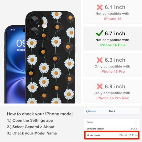 Image of Designed for iPhone 16 Plus Case, Cute Daisy Flower Floral Pattern Design, Slim Soft TPU Liquid Silicone Protective Cover for Women Girls - Black