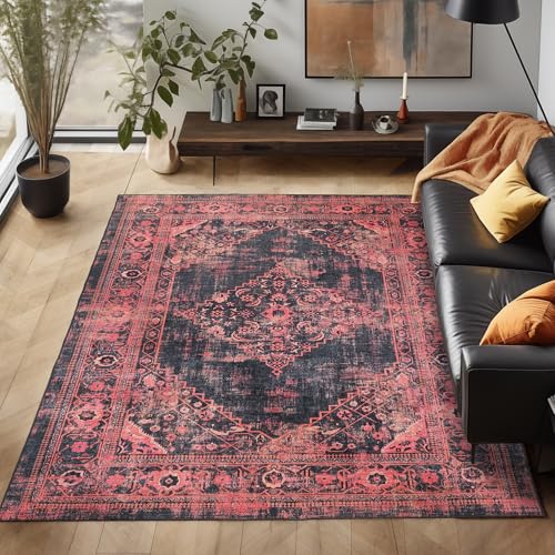 Waschbarer Teppich Flachgewebe Robust Modernes Design Vintage Optik rutschfest Teppich Wohnzimmer, Farbe: Rot, Größe: 140 x 200 cm Waschbarer Teppich Flachgewebe Robust Modernes Design Vintage Optik rutschfest Teppich Wohnzimmer, Farbe: Rot, Größe: 140 x 200 cm