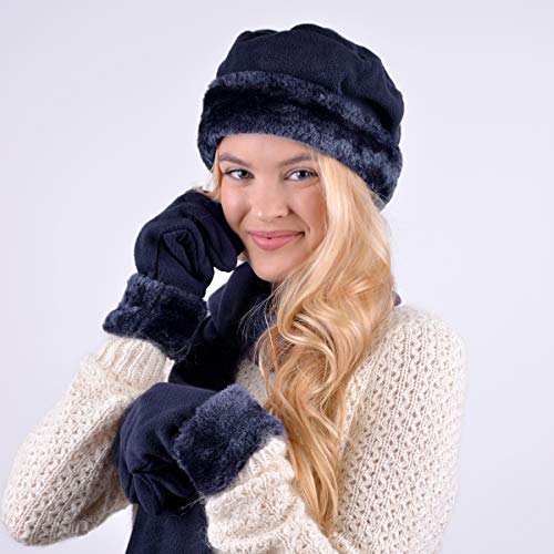 Women's Navy Solid Fleece 3-Piece gloves scarf Hat Winter Set2