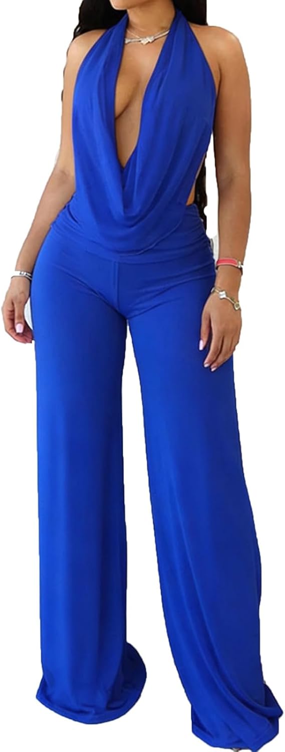 Sexy Two Piece Club Outfits for Women Sheer Mesh Halter Deep V Neck Backless Top Wide Leg Long Pants Party Sets