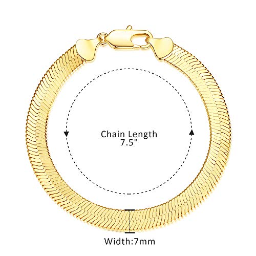 Wowshow Real Gold Plated Snake Chain Bracelet Flat Herringbone Chain Link Bracelet for Women 7INCH 4.5MM 7MM4