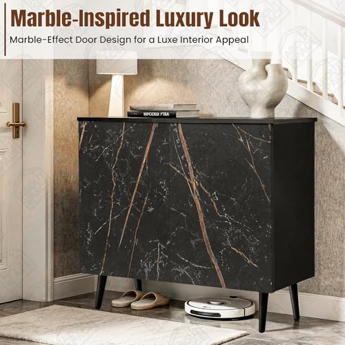 Image of ABOUT SPACE 3 Tier Shoe Rack with Door | Press Open 2 Door Engineered Wood Shoe Stand for Home | Adjustable Shelf Raised Legs 9-12 Pair Shoes Storage Cabinet Chappal Stand |Black & Black Marble