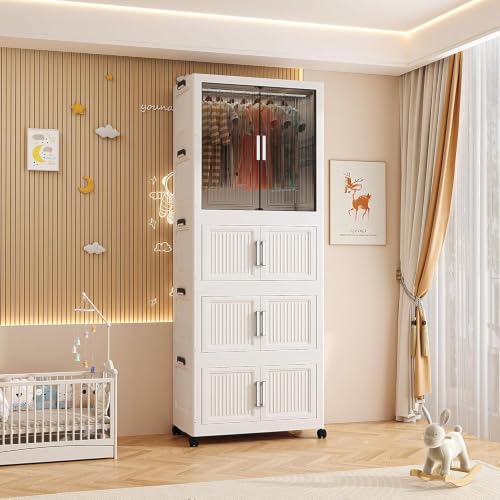 Image of Zemic ๐ ๐๐จ๐จ๐ซ Plastic Wardrobe for Kids| Almirah and Wardrobe for Baby Clothes| Modular Storage Cabinet with Wheel Organizer for Cupboard Rack for Clothes /Shoes /Books /Toy-Whhite