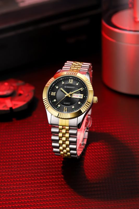 Image of Giordano Classic Analog Quartz Watch for Men with Textured Dial, Fluted Bezel, Day & Date Display & Two-Tone Stainless Steel Strap