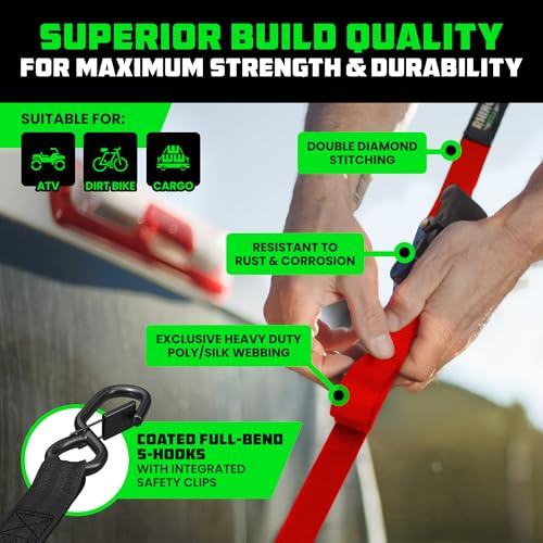 Image of Rhino USA Ratchet Straps Tie Downs (4-Pack) - 1 Inch x 15 Feet (1,823lb Break Strength) - Ultimate Tie Down Straps with Safety S Hooks - for Trucks, Cargo, Moving, Appliances -Red