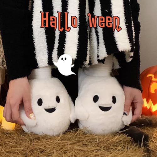 Womens Mens Halloween Slippers Retro Memory Foam Cute ghost Plush Fluffy Warm Fur Lined Slides Indoor House Home Winter Shoes2