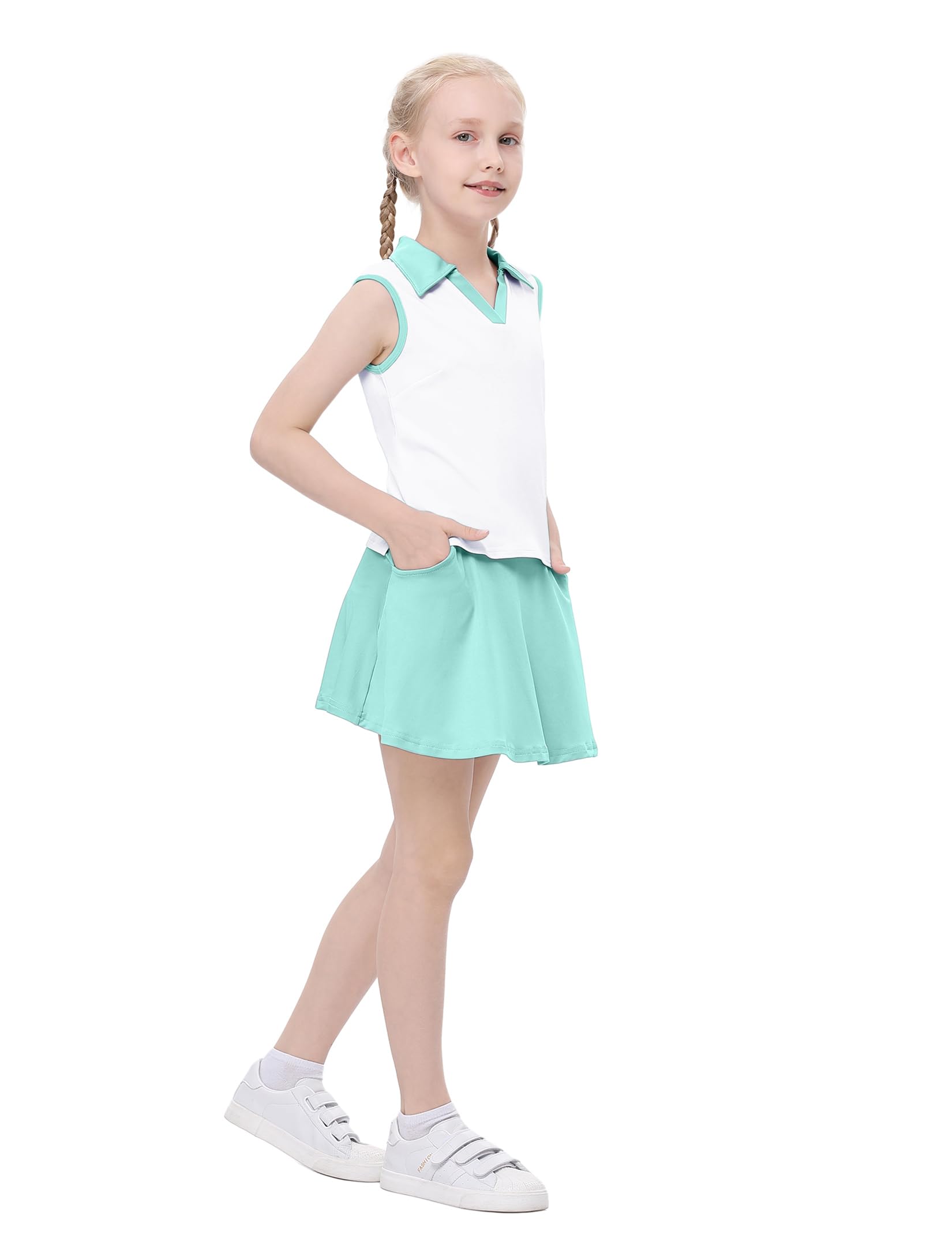 Tennis-/Golfkleid für Kinder, Mädchen, ärmelloses Kleid mit Taschen, athletische Skorts und Polo-Tank-Top-Sets