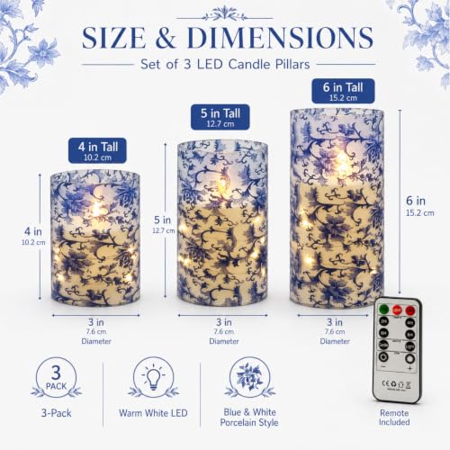 Image of Blue and White Flameless Pillar Candles, 3 Pack, Remote Timer