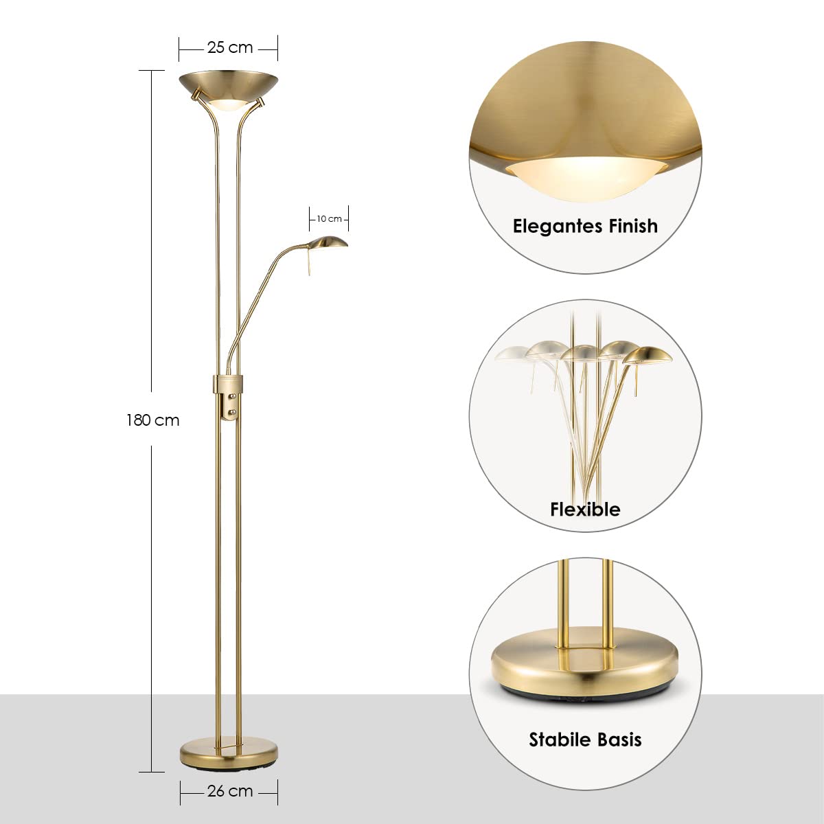 Home Sweet Home Classique Lampadaire | 50/50/180cm | Bronze doré | Lampadaire | dimmable avec lampe de lecture flexible| Source lumineuse R7s+G9 | adapté pour le salon