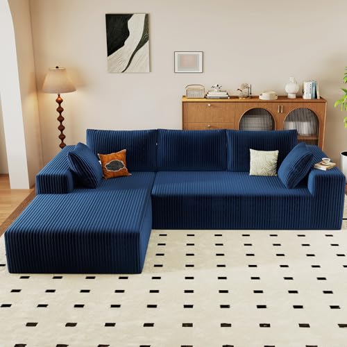 Image of 96 inch Modular Sectional Couch, Boneless L Shaped Cloud Sofa with Chaise Lounge, Corduroy Upholstered Couches Memory Foam Deep Seat, No Assembly Required, Ideal for Living Room(Blue, Left Facing)