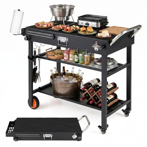 COSTWAY Portable Grill Table Folding Grill Cart BBQ Prep Table with Heat-Resistant Mat Magnetic Knife Holder & Wheels Heavy-Duty Pizza Oven Stand Outdoor Kitchen Unit (109 x 46 x 87 cm 2 Shelves)