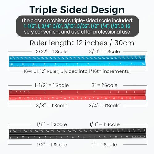 Dreikantmaßstab – 12 Zoll Imperial, Aluminium, Ideal für Architekten, Ingenieure, Architekturstudium - ：1-1/2、1、3/4、3/8、3/16、3/32、1/2、1/4、1/8、3、16