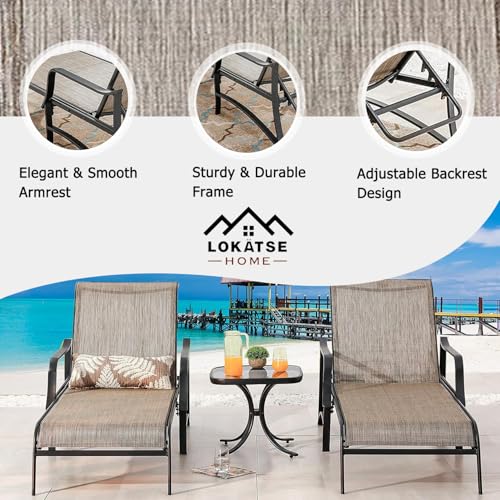 Image of LOKATSE HOME Adjustable Patio Chaise Lounge Set of 2, Outdoor Textiline Reclining Chairs with 1 Glass Top Bistro Table Sturdy Metal Frame for Backyard Porch Poolside, Grey