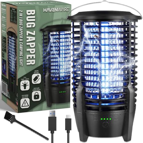 HAVENWARE Matamoscas eléctrico 2 en 1 y luz de camping, trampa de insectos UV recargable con rejilla de alto voltaje, exterminador de moscas impermeable para uso en interiores y exteriores
