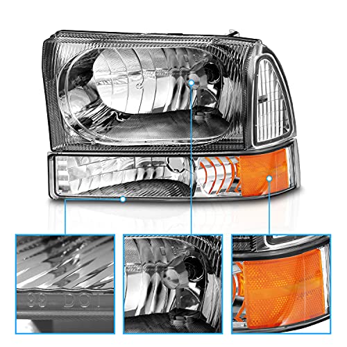 Amerilite Oe Chrome Replacement Headlights 4Pcs Set W/Socket Bulb For 1999-04 Ford Excursion / Super Duty F250 F350 F450 F550 Truck - Passenger And Driver Side #TOP2