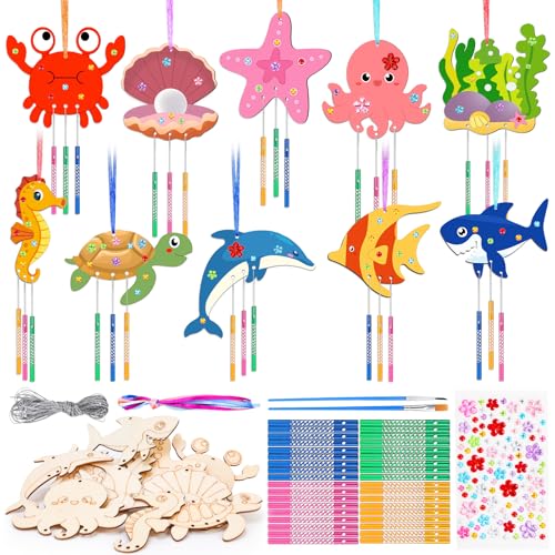 OOTSR 10er Set DIY Holz-Windspiele Meerestiere, Bastelset für Kinder, Malset zum Selbermachen, Sommerdeko, Geschenkidee für Geburtstage, Schulprojekte