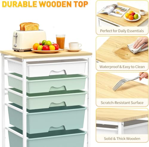 Image of SUNALLY Rolling Carts with 5 Drawers, Storage Drawer Carts for Craft, Green