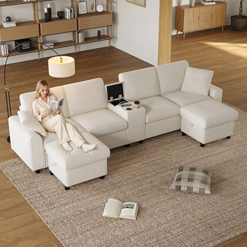Luonians Sofá Cama 4 Plazas en U con USB C y 2 Portavasos, Sofá Convertible esquinero de Pana con 2 Reposapiés de Almacenamiento y 2 Cojines, Sofá Modular, Beige