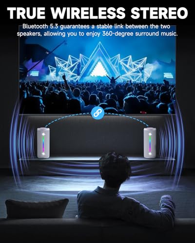 Image of OHAYO Bluetooth Speaker, Portable Wireless, IPX7 Waterproof, Powerful 25W Sound, 24H Playtime, Dual Pairing, Active Bass, Colorful Lights, Bluetooth 5.3, Outdoor Speakers for Home /Party /Beach, White