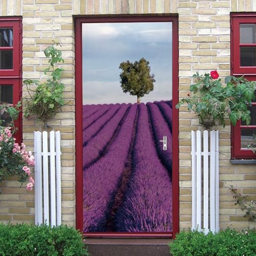 Pegatinas para Puertas de Morado Lavanda Door Stickers 3D Adhesivo Vinilo Pegatina Puerta Paisaje Campestre Murales Póster Decorativas de Pared Mural Papel Pintado 70x200 cm a/1999
