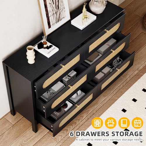 DWVO Natural Rattan 6 Drawer Dresser-Wooden Black Boho Double Dresser Chest of Drawers with Golden Handles-Modern Large Closet Dressers Storage Cabinet for Living Room/Hallway/Entryway