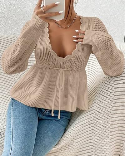 Image of BAIMORE Women's Casual Deep V Neck Drawstring Tie Front Long Sleeve Ruffle Hem Pullover Sweater