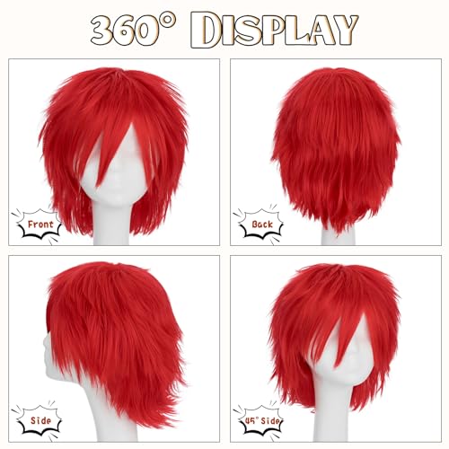 Image of S-noilite Unisex Short Red Wig With Bangs Fluffy Heat Resistant Synthetic Hair Wigs for Men Women Halloween Party Costume Cosplay Anime Comic-con Wigs