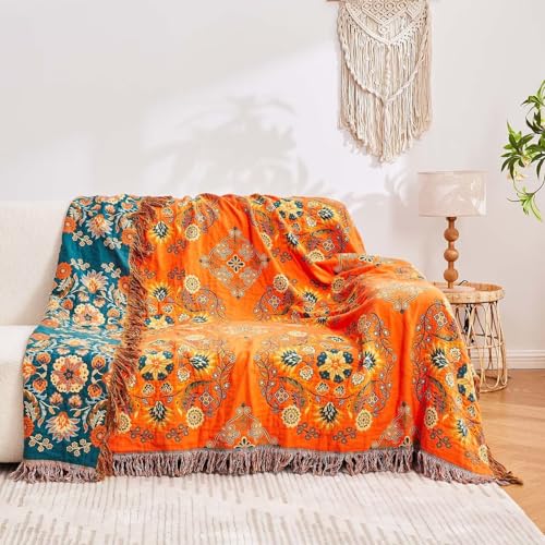 Image of XIBLC Boho Throw Blanket, 100% Cotton Ultra Soft Luxury Throw Rustic Quilt, 90 inchx98 inch Floral Printed Farmhouse Decor Bed Summer Blankets, All Season Rustic Reversible Bohemian Throw for Bed - Orange
