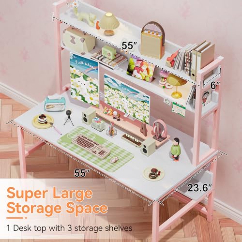 Image of Aquzee Pink Desk with Shelves, Computer Desk with Hutch, 55 Inch
