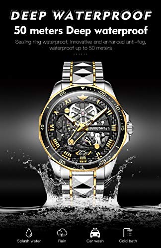 Image of OLEVS Mens Watches Skeleton Mechanical Black Watches for Men Wrist Watches Automatic Luxury Tungsten Steel Sapphire Crystal Waterproof Luminous Gold and Black