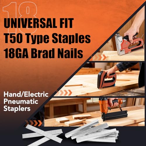 Image of PINOZE Heavy Duty T50 Staples & 18GA Brad Nails Combo Kit, 3120-Count, 3 /8 inch Crown T50 Staples with Toothed Chisel for Staple Gun (1 /4, 3 /8, 1 /2 Inch) + 18 Gauge Brad Nails (5 /8 Inch)