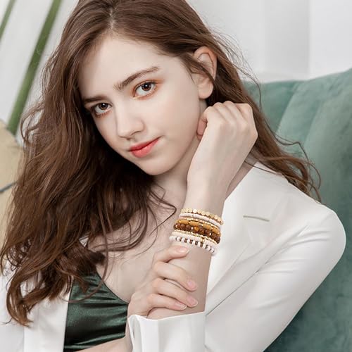 GOOJIDS Surfer Heishi Clay Bead Bracelets for Women Bohemian Stackable Gold Plated Beaded Stretch Bracelets Elastic Layering Friendship Brown Bracelets Set Boho Jewelry - Image 5
