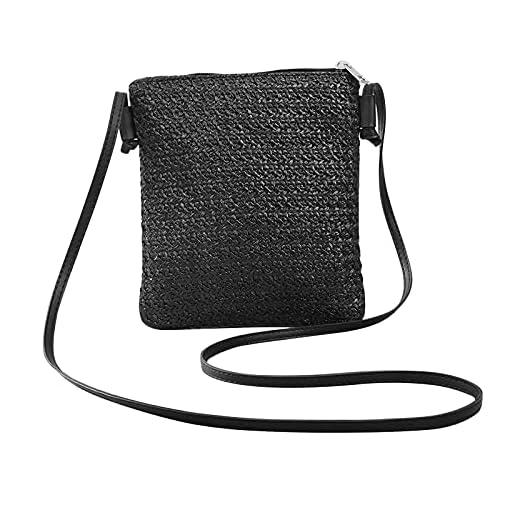 Yoiimiya Bolsos Cuadrados PequeñOs con Trenza de Paja Bolso Cruzado Inclinado de un Hombro Bolso Monederos Bolso de Playa Informal para Vacaciones - Negro