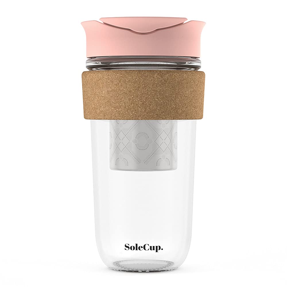SoleCup. Large Travel Mug Loose Tea Infuser - Detachable Tea Strainer with Spill Proof Lid - 18oz/530ml BPA-Free Reusable Glass Travel Coffee Cup with Cork Band (Pink)