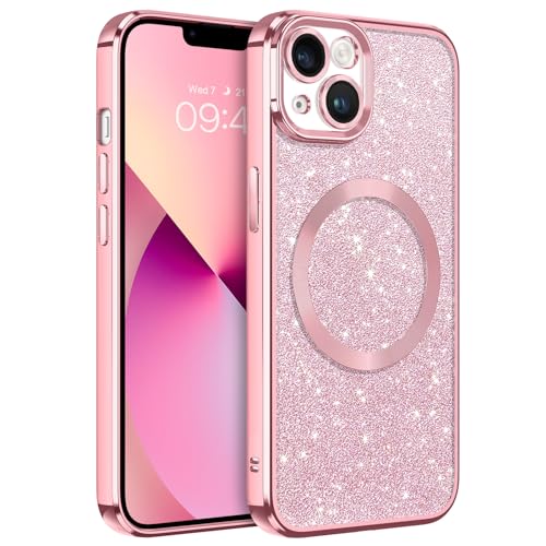 BENTOBEN Funda Magnética para iPhone 13 [Compatible con Magsafe] Carga Inalámbrica Carcasa iPhone 13 Funda Cover Ultra Delgada Brillante Purpurina Silicona Resistente Anti-Arañazos Anti-Golpes-Rosa