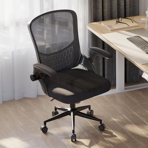 naspaluro Office Desk Chair Ergonomic Chair with Flip-up Armrests Mid-Back Computer Chair with 3D Lumbar Support Mesh Chair for Home Office-Dark Black