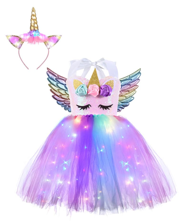 Koongso Girls Unicorn Light Up Princess Costume Rainbow Tulle Dress with Headband Wings Kids Birthday Party Halloween Tutu Dress