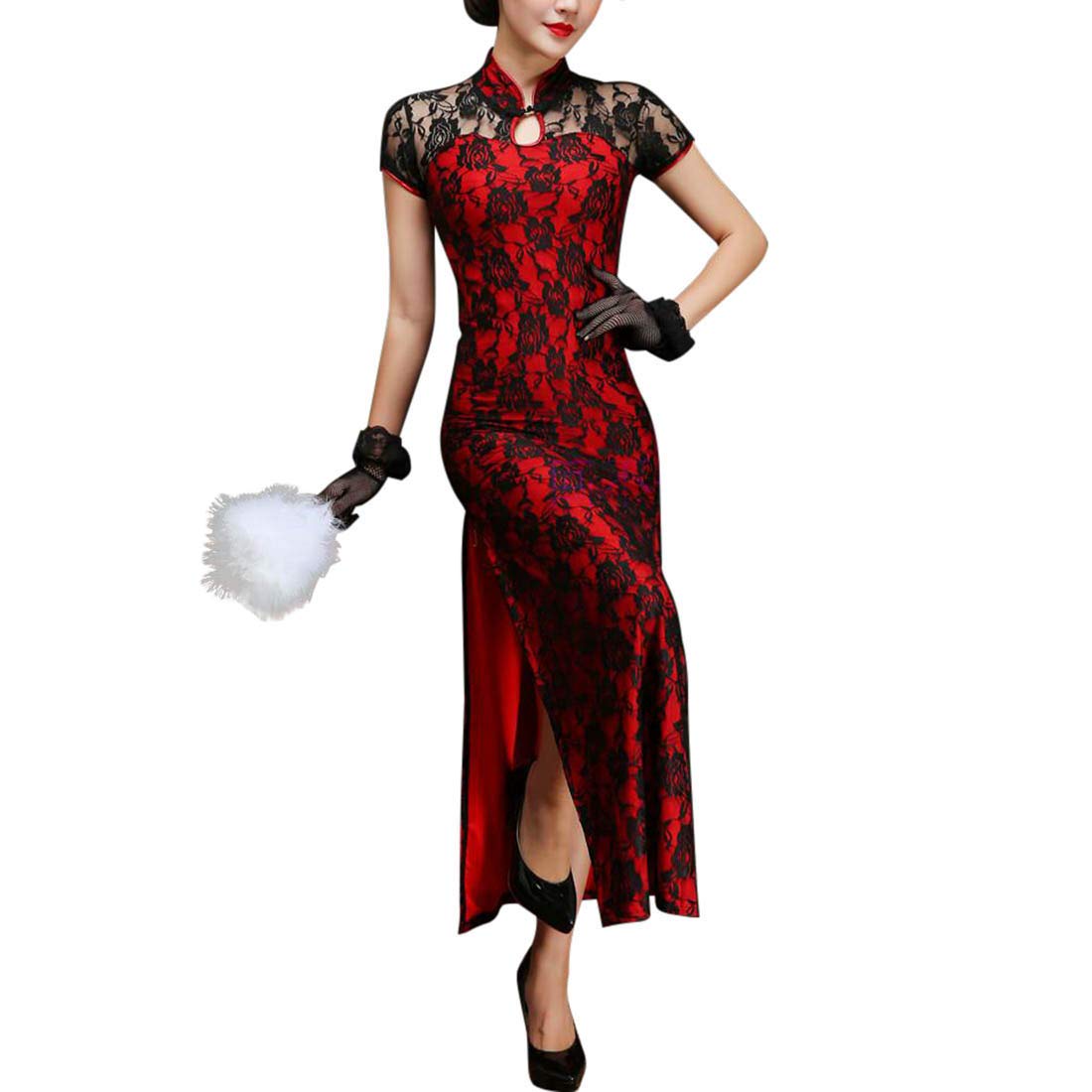 Women's Floral Lace Cheongsam Maxi Dress Sexy Long Split Chinese Qipao Slim Evening Party Dress