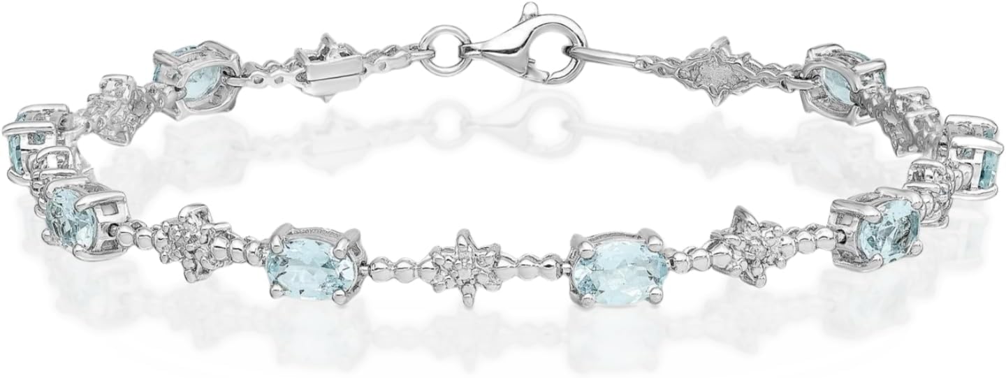IceCarats 925 Sterling Silver 2.90 carat Blue Aquamarine Diamond Accent Link Chain Bracelet 7 inch Oval Cut, Natural, Prong Set For Her
