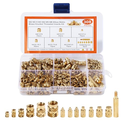 308 Stück Gewindeeinsätze für 3D Druck, Messing Einpressmuttern M2 M2.5 M3 M4 M5 M6, Schmelzgewinde Set mit Einschmelzhilfe und Sortierbox,mit Kunststoff-Box