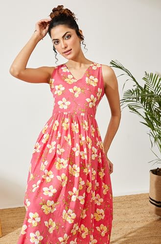 Image of Janasya Women's Pink Pure Cotton Floral Printed A-line Dress