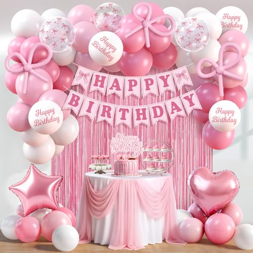Pink Birthday Decorations for Women 52 pcs Pink White Party Decorations with Happy Birthday Banner Latex Balloons Tinsel Curtain Star Heart Foil Balloons for Princess Birthday Decoration for Girls