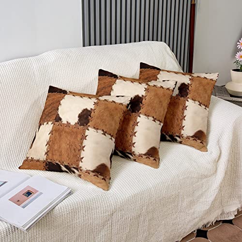 (Not Real) Cowhide Throw Pillow Cover 20X20, Patchwork Cow Fur Print Decorative Square Pillow Case For Home Bed Sofa, Farm Animal Pillow Cover, Western Cowboy Farmhouse Cushion Cover, Brown White #TOP3