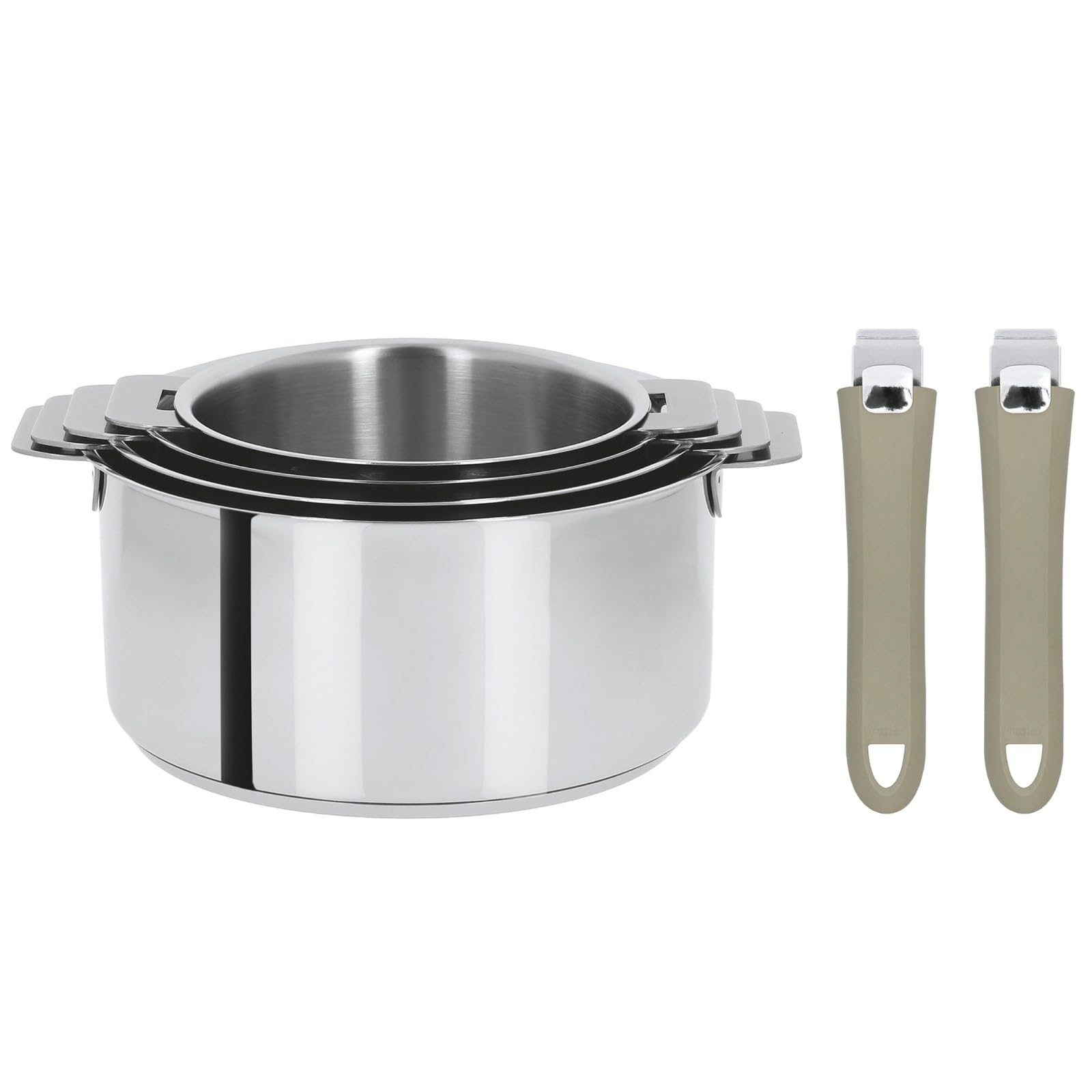 Cristel - Série de 4 casseroles Mutine amovibles Ø14 - Ø16 - Ø18 - Ø20 cm + 2 poignées amovibles taupe - Cristel