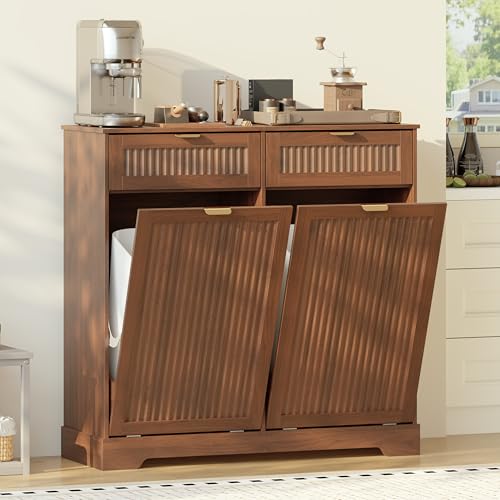 Image of Double 13 Gallon Tilt Out Trash Can Cabinet,Garbage Cabinet with Drawer | Hidden Garbage Storage with Fluted Design, Drawer & Hooks for Kitchen, Dining Room and Small Space Organization,Walnut